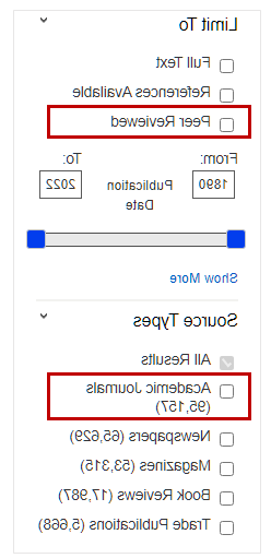 Peer reviewed and Academic Journal limiters in EBSCOhost showing a list of check boxes with focus on limiting to peer reviewed articles and gathering from academic journal sources.